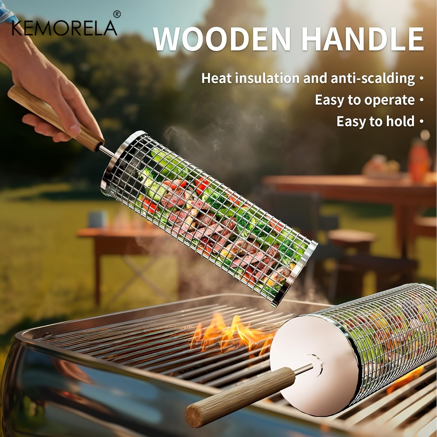 Hot Dog Roller Grill - Yuvarlak Barbekü Izgara Sepeti Seti, Paslanmaz